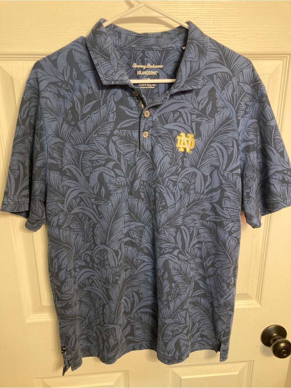 Tommy Bahama Navy Blue Floral Notre Dame Polo with Yellow ND Logo